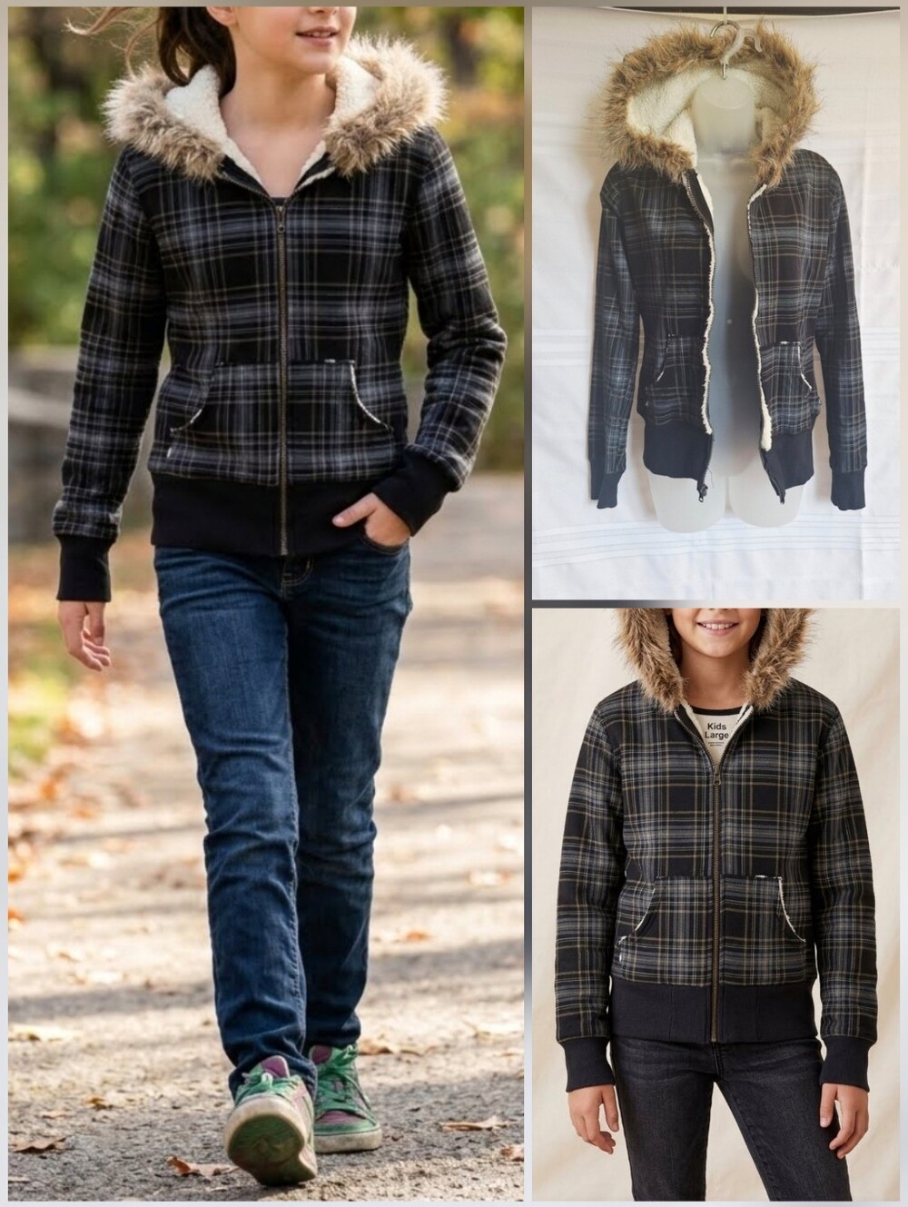 🩵L.A. Kitty Black Plaid Sherpa-Lined Bomber Jacket Faux-Fur Hood 🤍SMALL